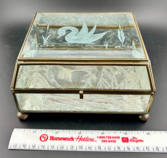 Vintage Etched/Frosted Glass and Brass Dresser Box Swan
