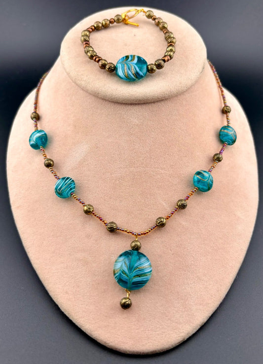 Art Glass Beaded Matching Necklace and Bracelet Set