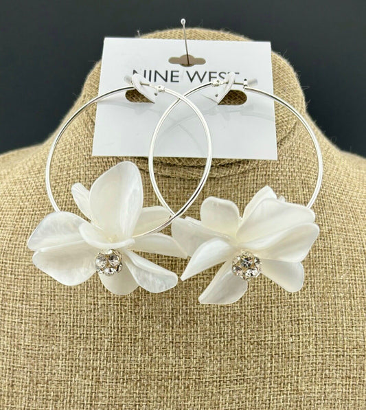 NWT Nine West Large Silver and Pearl Tone Floral Rhinestone Hoop Earrings