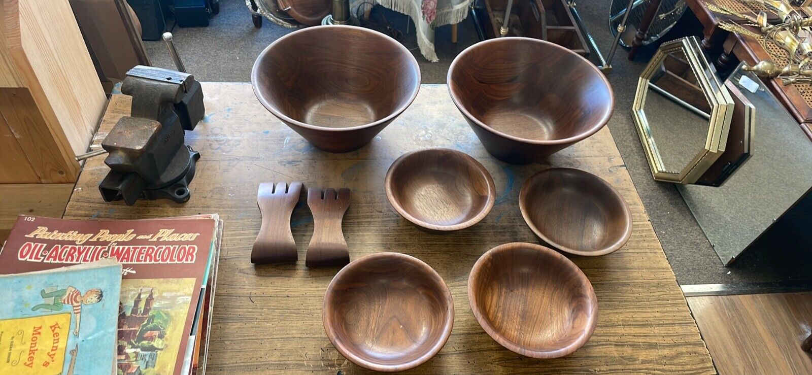 Vintage Solid Walnut Salad Serving Set 8 Pieces