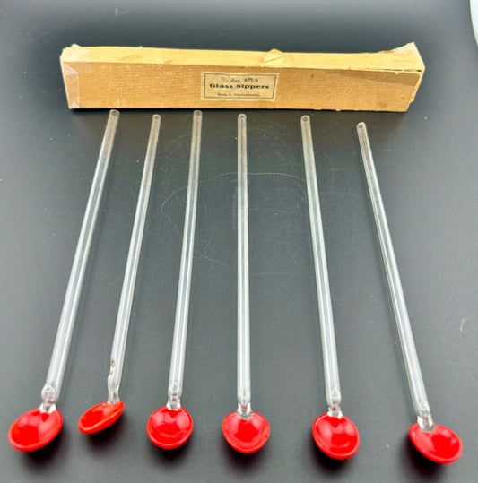 Set of Six Vintage Czechoslovakian Clear and Red Glass Sippers/Stirrers