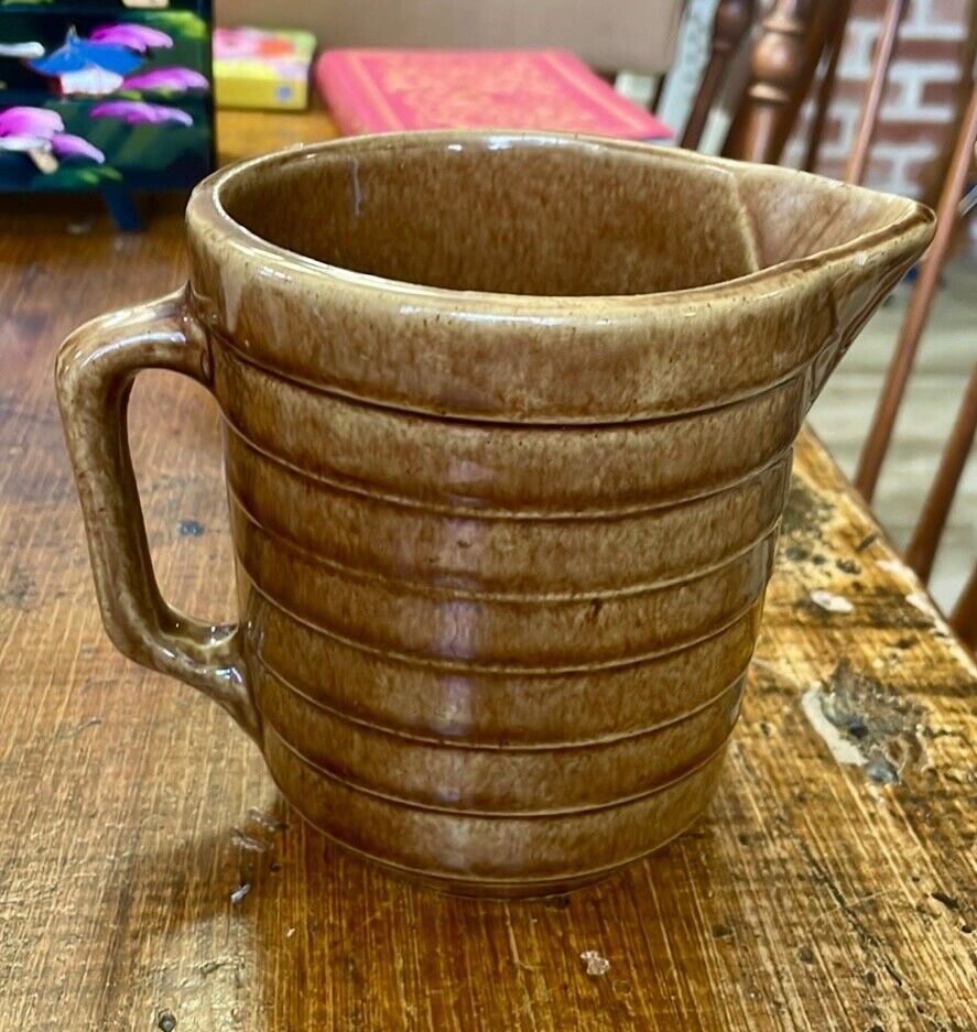 Vintage Pottery Brown Glaze Ribbed Water Milk Batter Pitcher USA