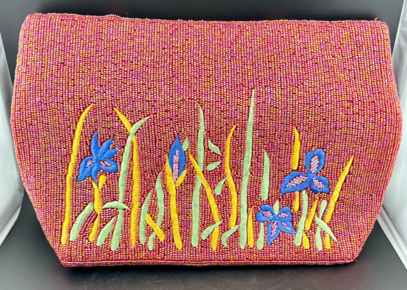 Large Beaded & Embroidered Iris  Handbag  Purse W Zipper Pocket Inside.