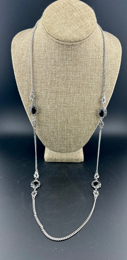 Vintage Sarah Coventry Silver Black Long Necklace 36”