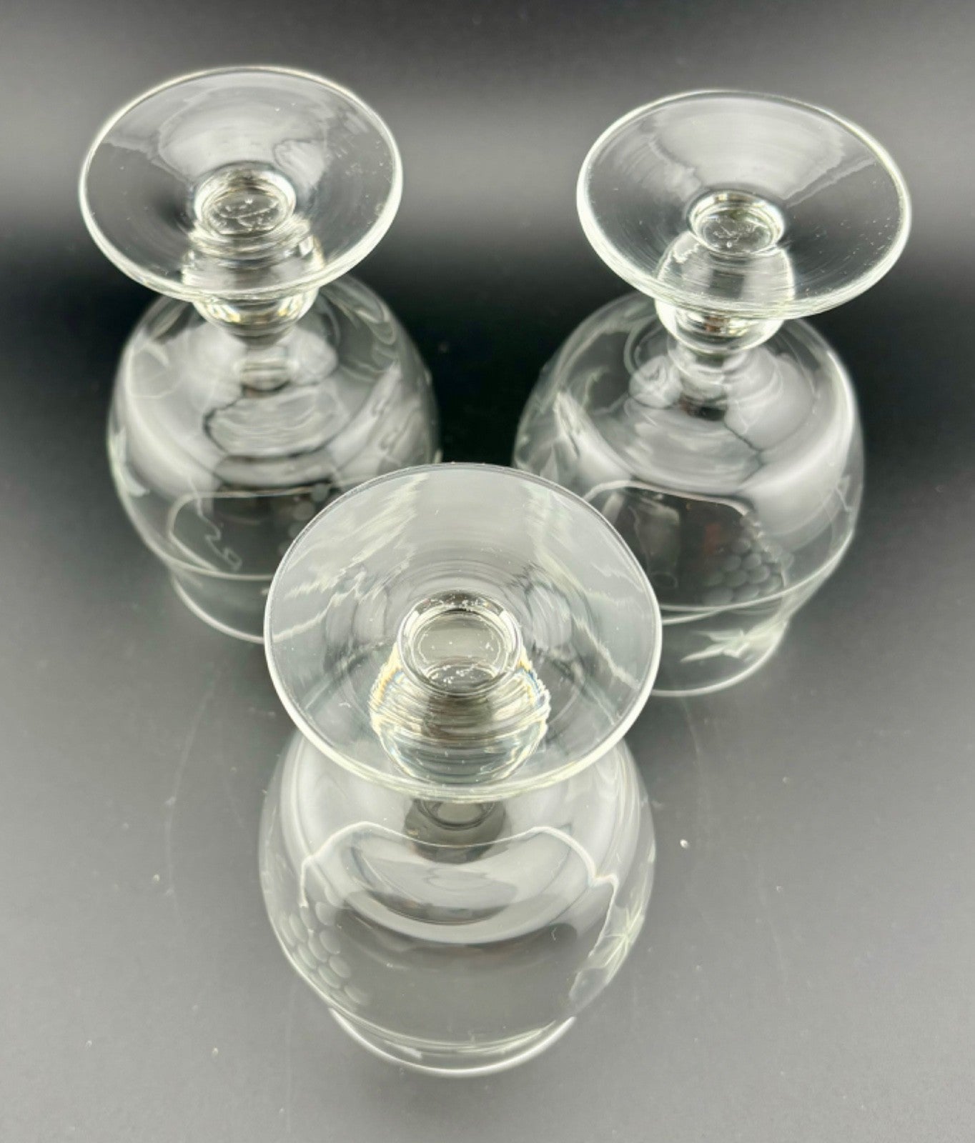 (3) VTG Crystal Brandy Cognac Snifter Glasses ~ Etched Grapes Vine. Stunning.