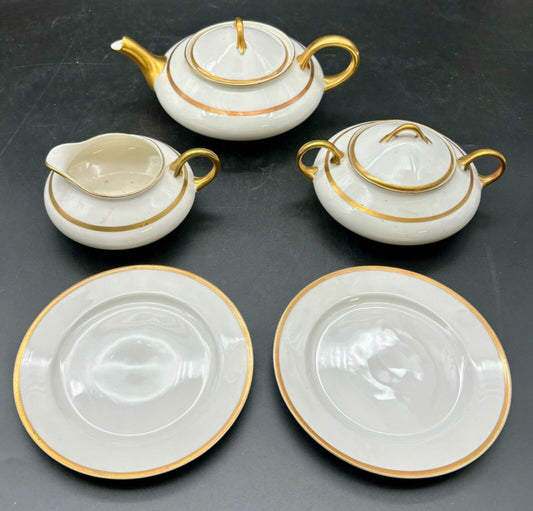 Pope-Gosser Gold and White Tea Service and Two Dessert Plates
