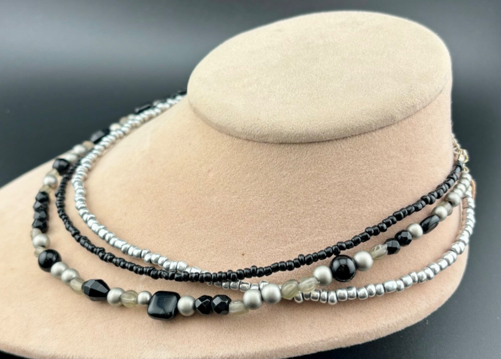 Premier Designs Triple Strand Black/Silver Beaded Necklace NK