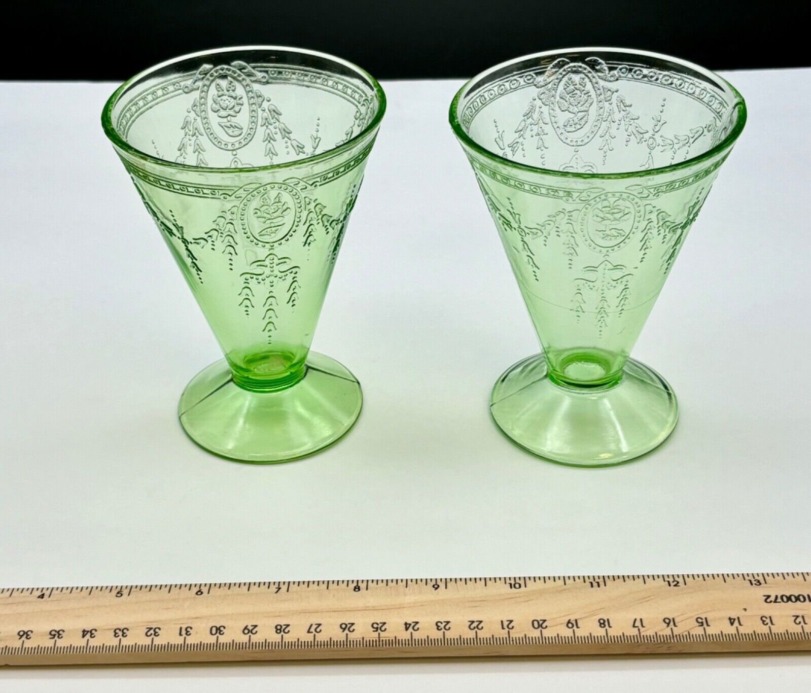 Vintage Pair Belmont Rose Green Depression Glass/Uranium Tumblers