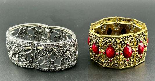 Two Vintage Stretch Rhinestone and Metal Bracelets NK