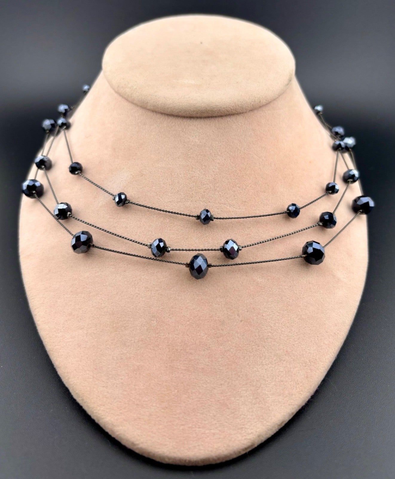 Vintage Black Rhinestone Triple Strand Necklace