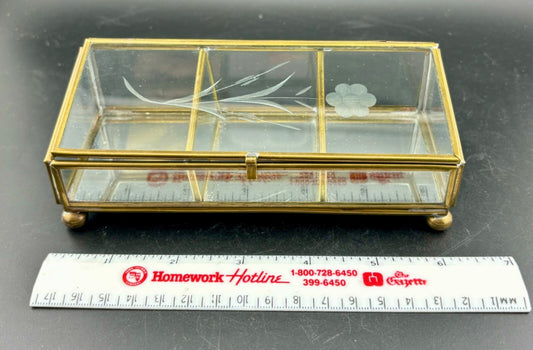 Vintage Brass And Etched Glass Divided Trinket Box Jewelry Flower 6.25” x 2.5”