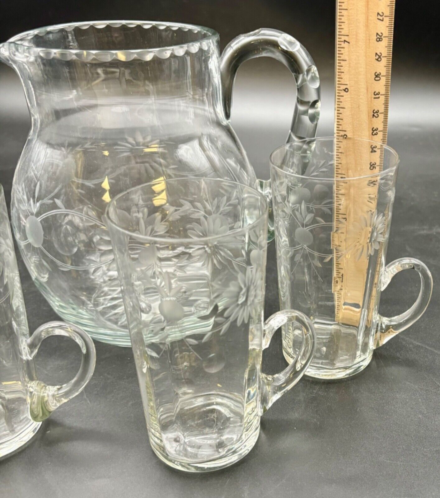 Antique Etched Clear Glass Pitcher and Glasses Set(6 pieces)