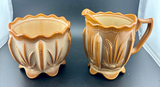 Greentown Chocolate Slag Glass Cactus Open Sugar and Creamer