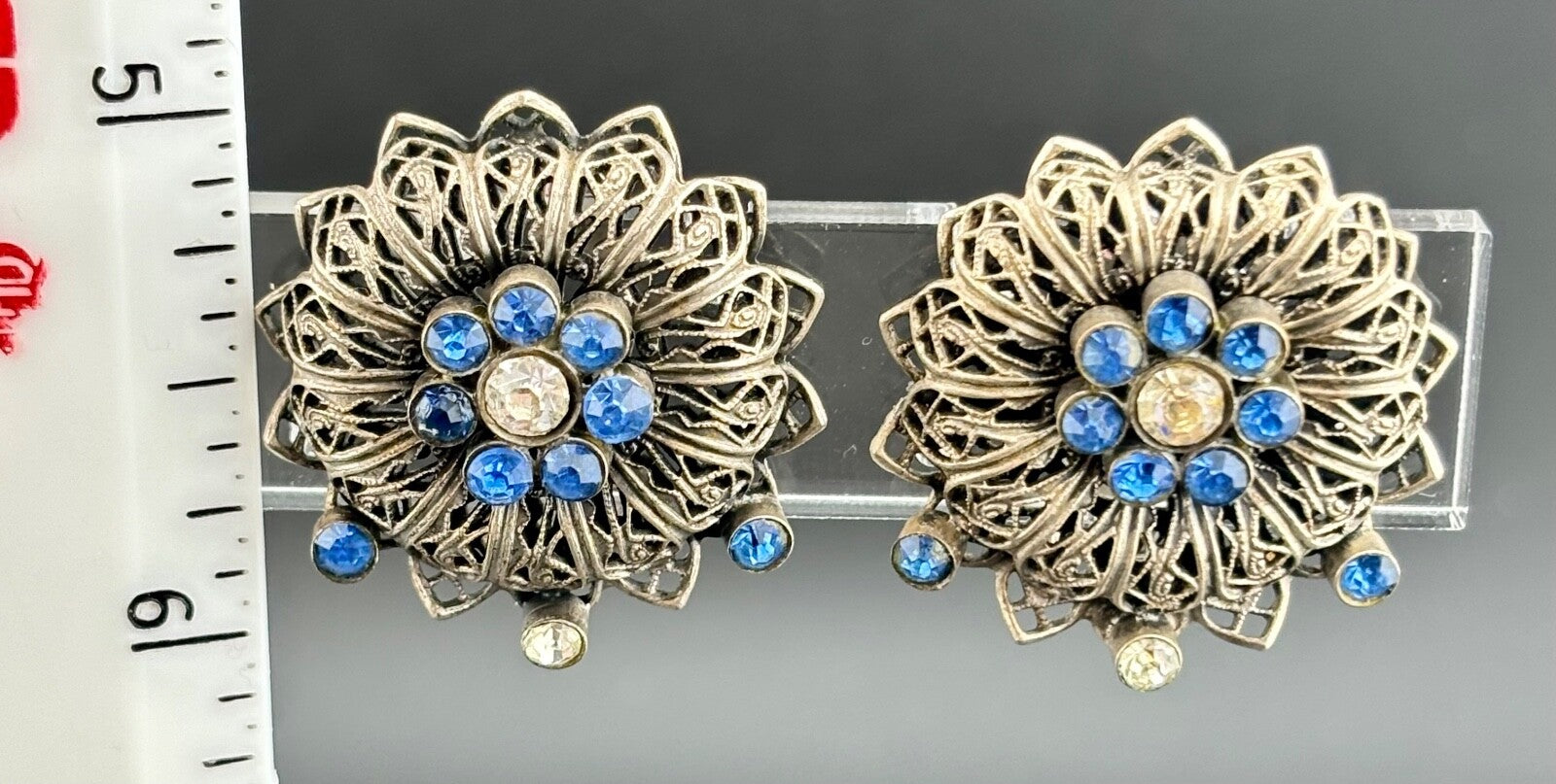 Vintage Silver-Tone and Blue/Clear Rhinestone Cilp-On Earrings