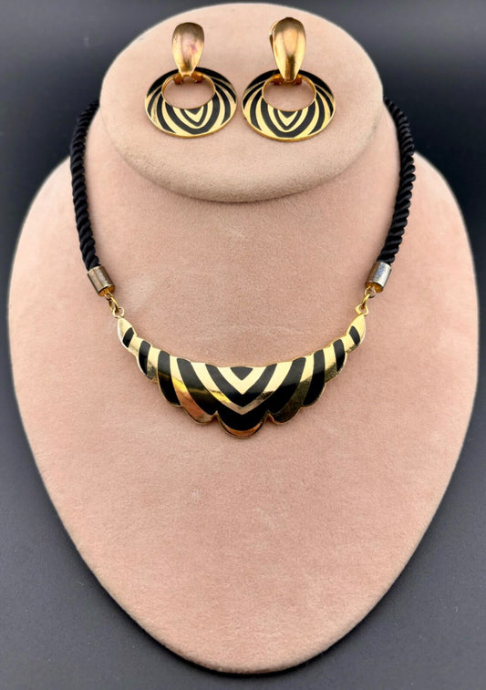 Vintage Black and Gold-Tone Cloissone Earrings and Necklace