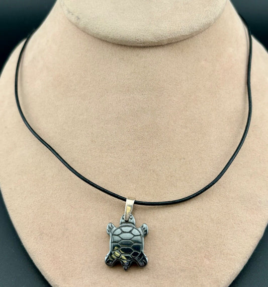 Hematite and Sterling Turtle Pendant on Cord Necklace NK