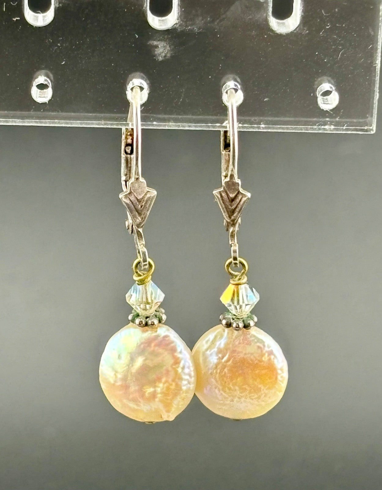 Sterling Silver Coin Pearl and Crystal Drop Earrings