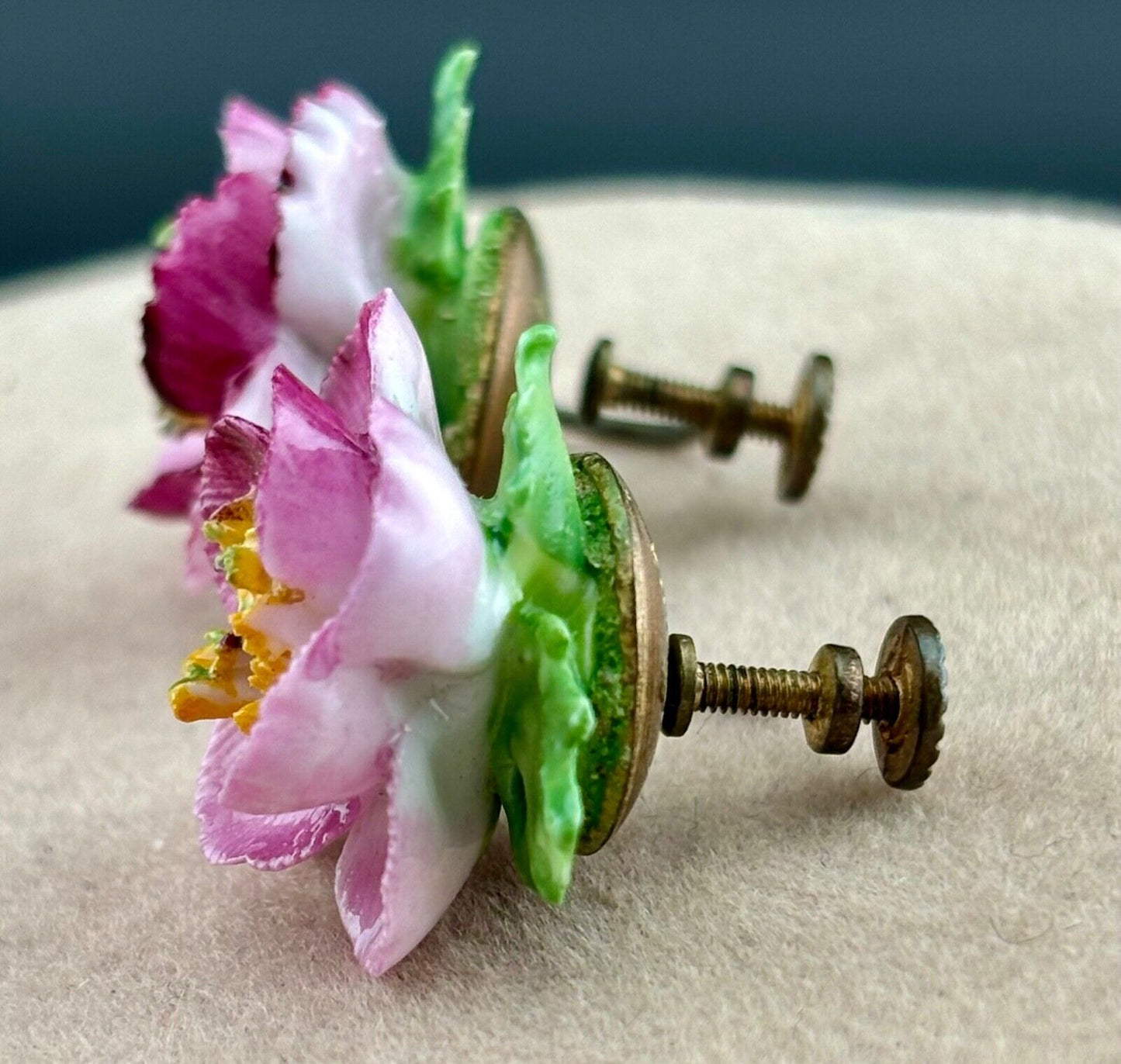 Vintage 1950's Painted Porcelain Rose Screw Back Earrings Made In England