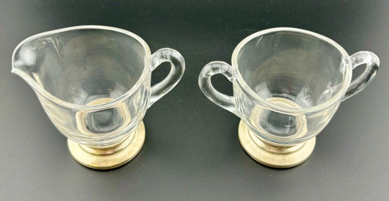 Vintage Small Sterling Silver Base Glass Open Sugar & Creamer