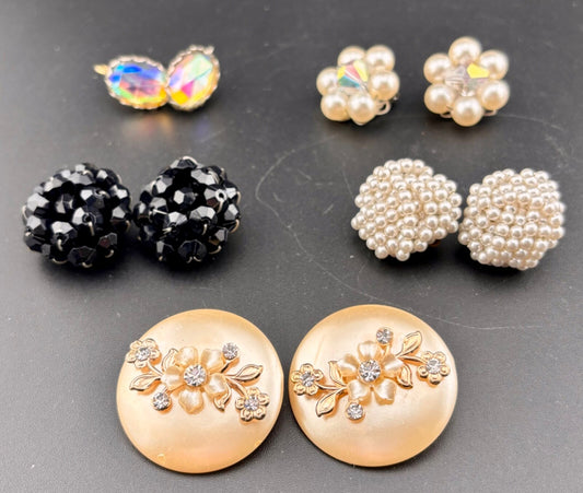 Five Pairs Vintage Clip-On Earrings Mixed Materials