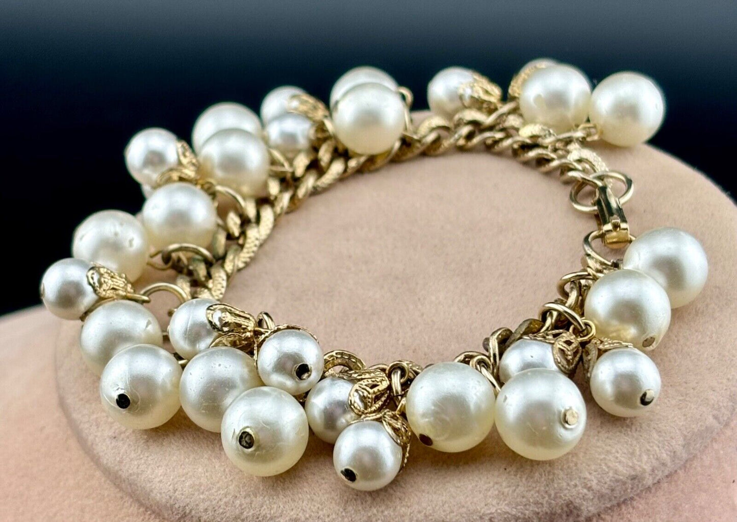 Vintage Dangle White Faux Pearl Cluster Links  Gold Tone Bracelet NK