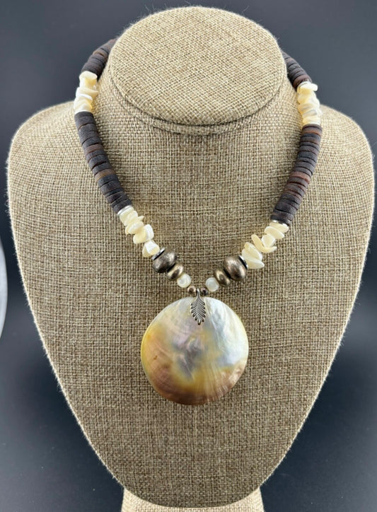 Leather and Shell Beaded Pendant Necklace NK