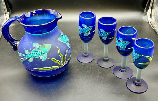 Mexican Hand Blown Painted Talavera Cobalt  Frosted Glass Pitcher Goblets 5pc