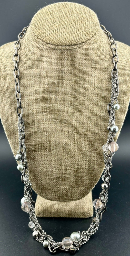 Lia Sophia Gunmetal Tone Multi-Strand Rhinestone/Pearl Necklace NK