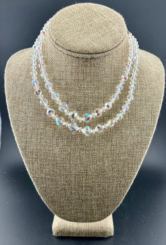 Vintage Double Strand Aurora Borealis Glass Crystal Necklace
