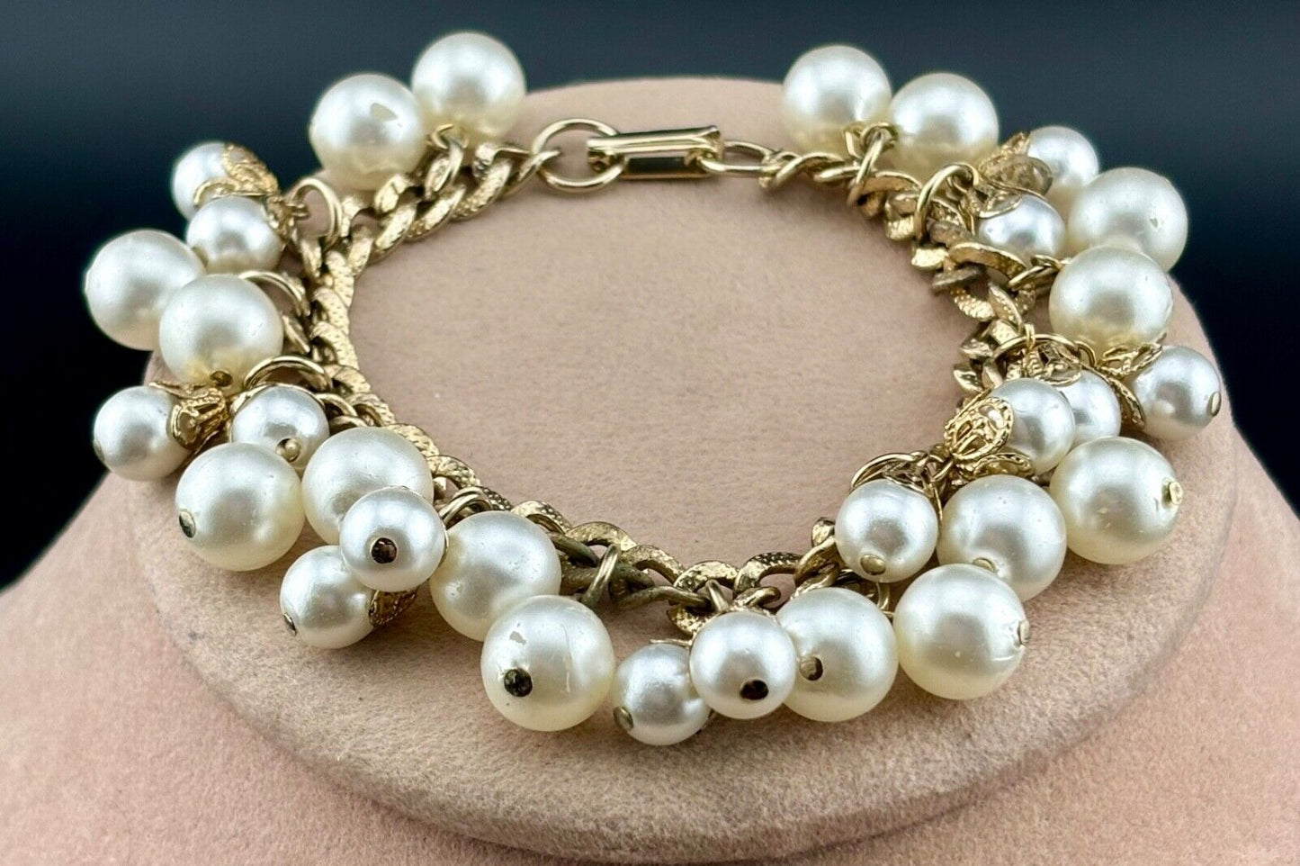 Vintage Dangle White Faux Pearl Cluster Links  Gold Tone Bracelet NK