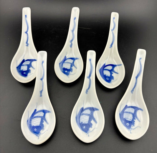 6 Vintage Cobalt Blue White Chinese Koi Fish Soup Dumplings Porcelain Spoons
