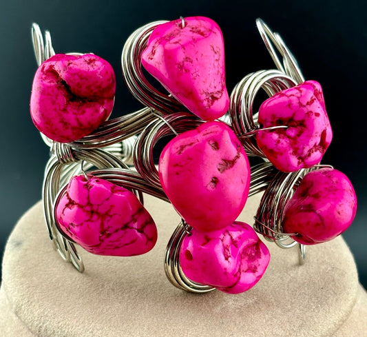Artisan Wire Wrapped Cuff With Pink Howlite Bracelet Silver Tone