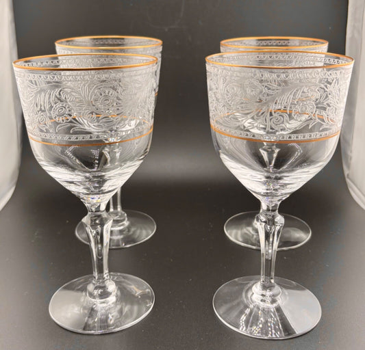 Fostoria Renaissance Crystal Water Goblets Gold Trim Lot Of 4