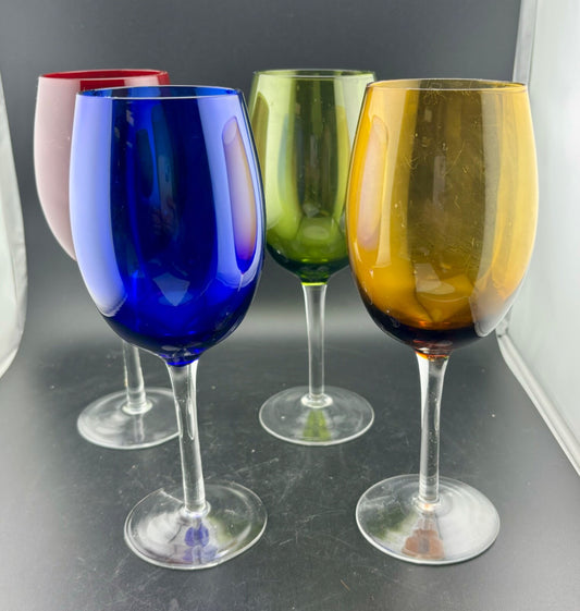 Multi-Color Wine Goblets w/Clear Stems Set of 4