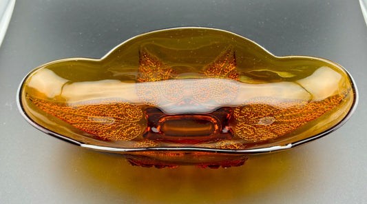 Vintage Anchor Hocking Amber Glass Renaissance Leaf Oval Relish Candy Nut Dish