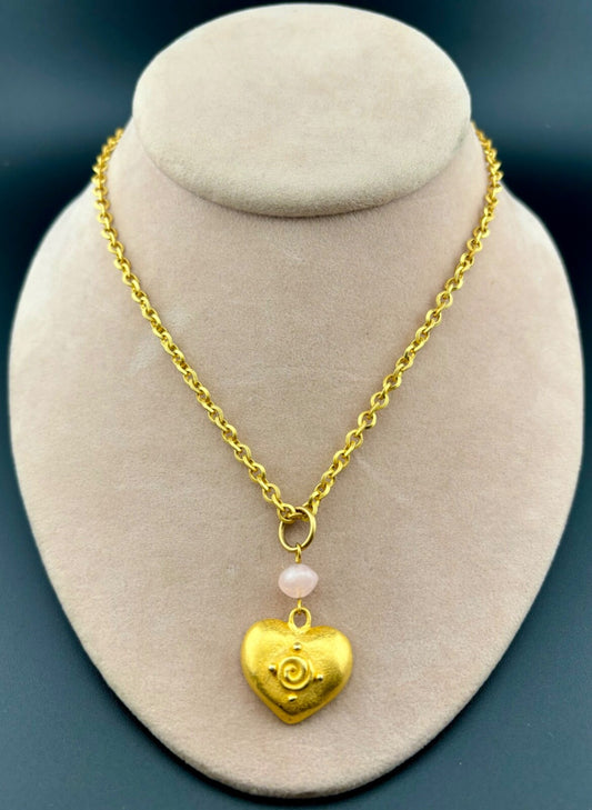 Vintage Gold-Tone Rose Quartz and Heart Pendant Necklace