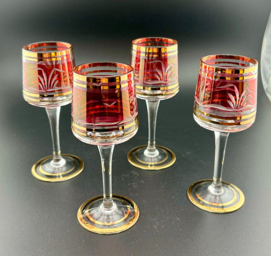 Vintage Etched Glass Gold and Ruby Flash Cordials(4)