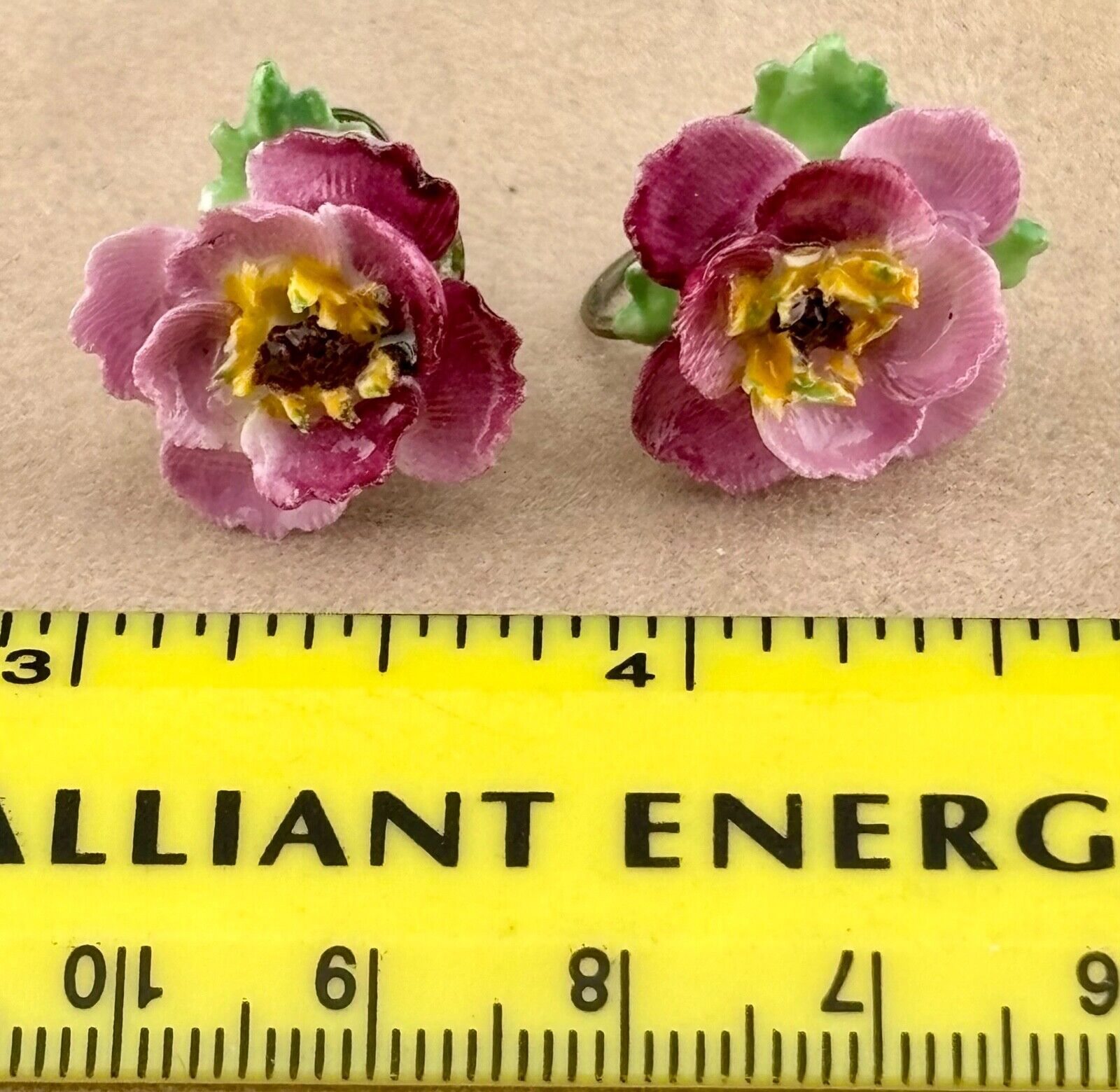 Vintage 1950's Painted Porcelain Rose Screw Back Earrings Made In England