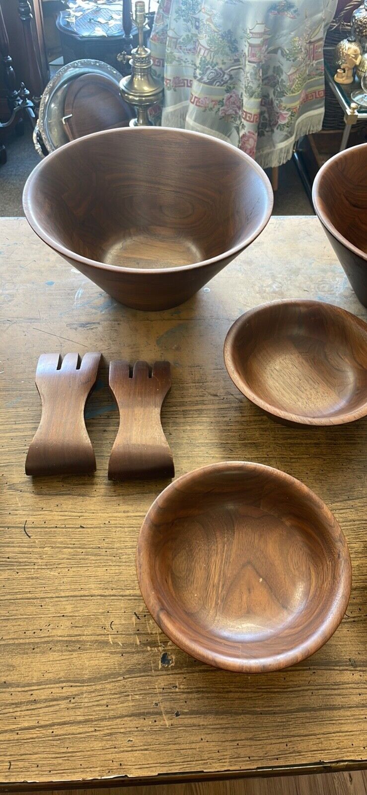 Vintage Solid Walnut Salad Serving Set 8 Pieces