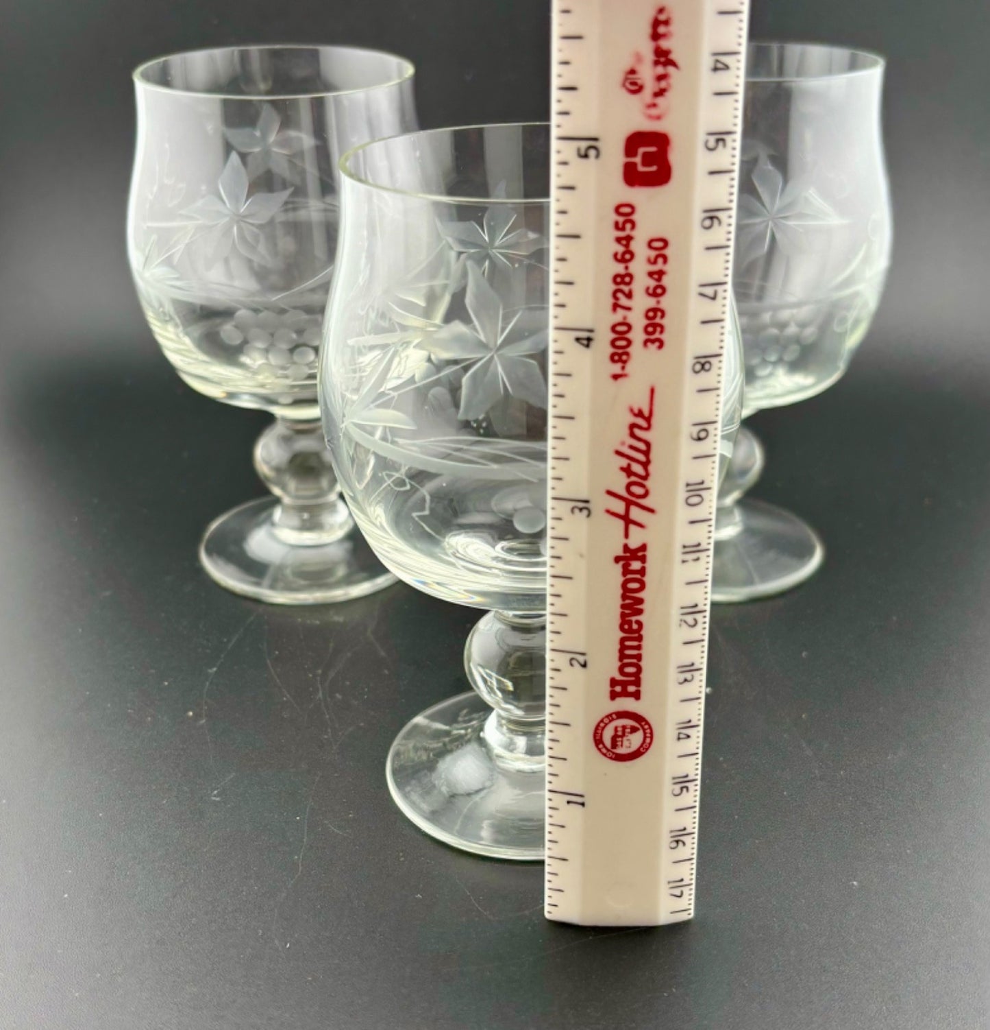 (3) VTG Crystal Brandy Cognac Snifter Glasses ~ Etched Grapes Vine. Stunning.