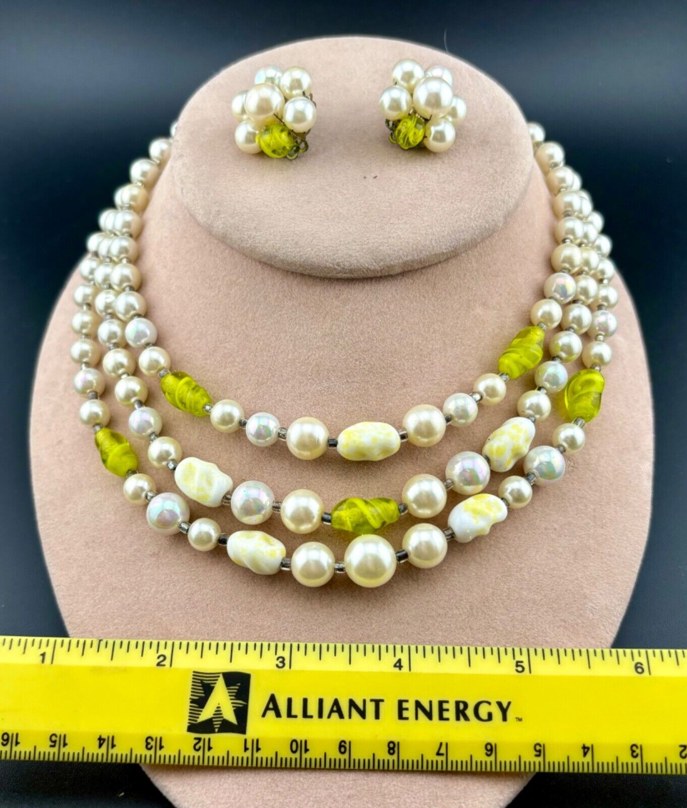 Vintage Faux Pearl and Neon Yellow Glass Necklace/Earring Set Japan NK