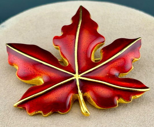 David Dubin Red Enameled Maple Leaf Brooch