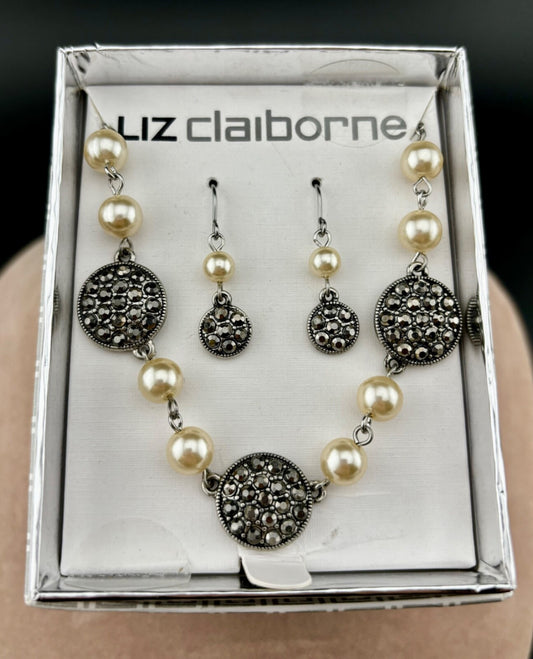 Older Liz Claiborne NIB Silver-Tone Faux Pearl and Marcasite Necklace & Earrings