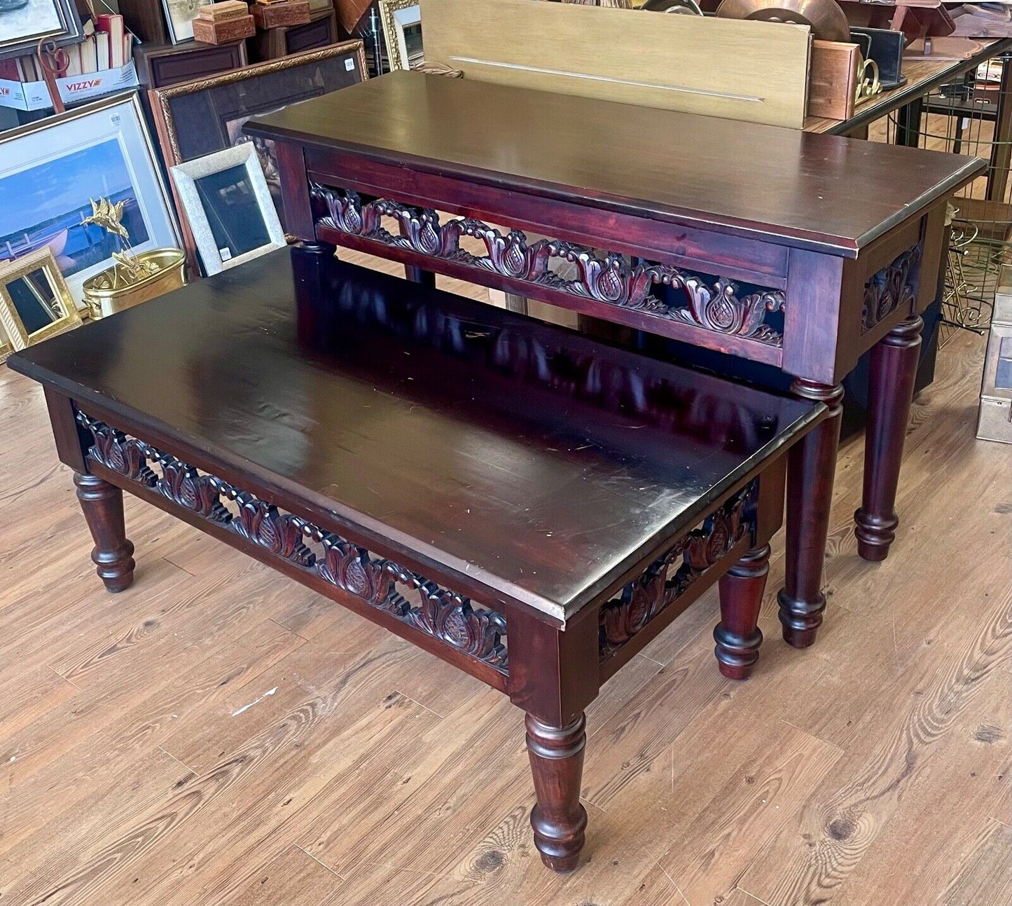 Nice Solid Wood Carved Sofa and Matching Coffee Table Pier 1