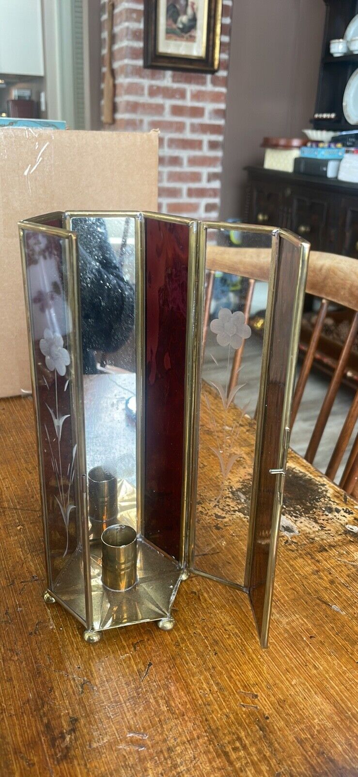 Vintage Brass and Stained Glass Candle Holder