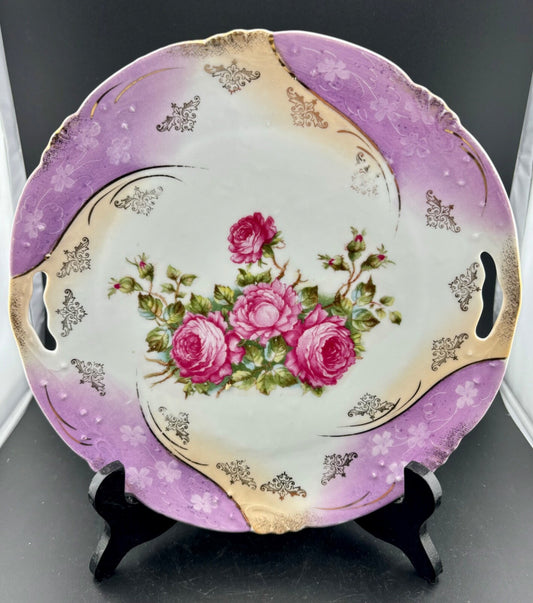 Antique Serving Platter - pierced handles - roses - gold trimmed