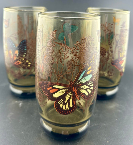 1970's Anchor Hocking Butterfly Tumblers Smokey Gray(3)