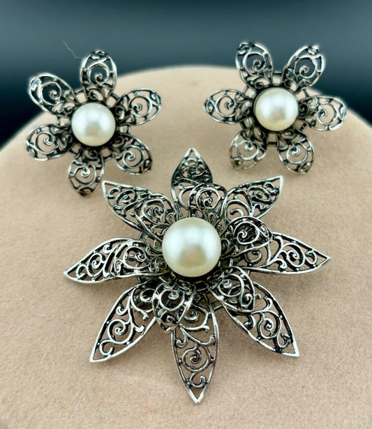 Vintage Silver-Tone Faux Pearl Brooch and Clip-On Earrings