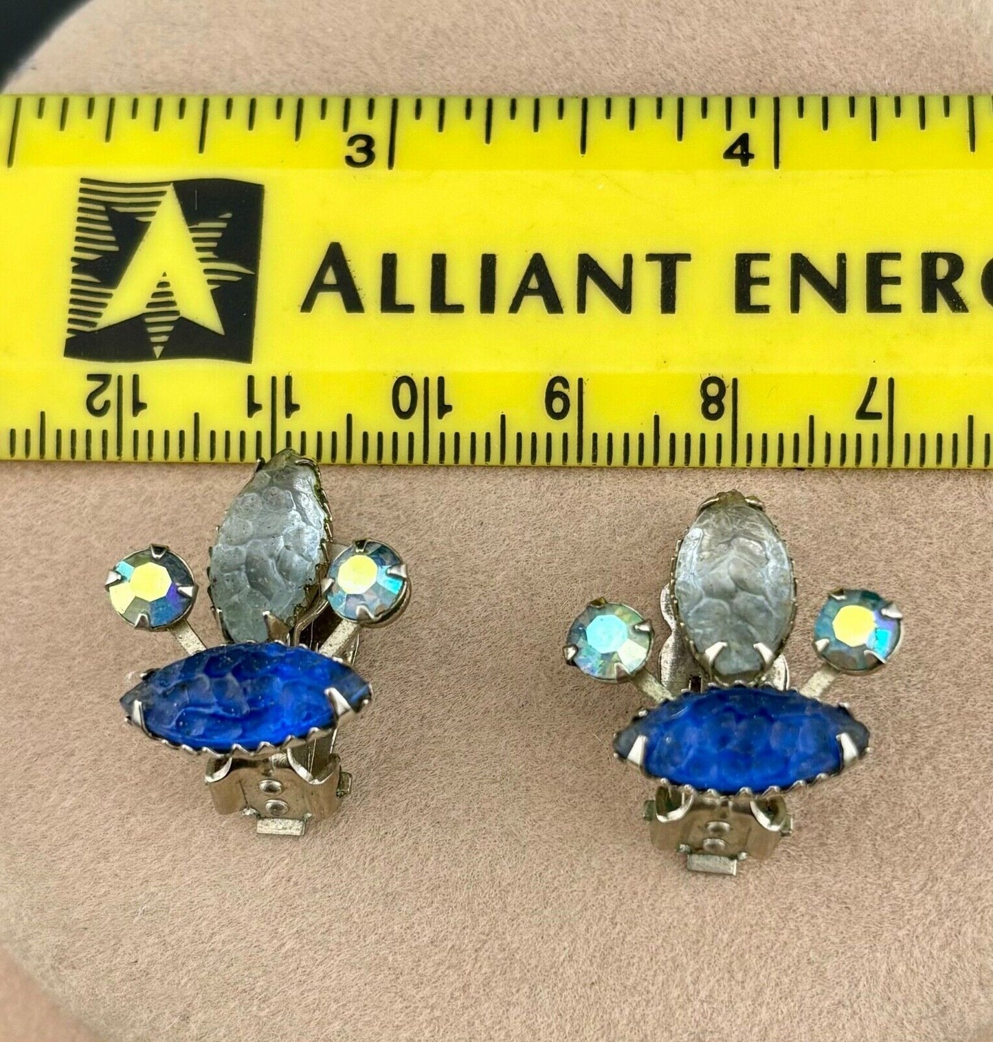 Vintage Fruit Salad Blue Tone Rhinestone Clip-On Earrings NK