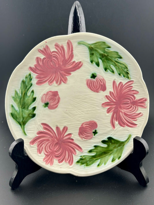 Vintage Schramberg Germany Majolica Plate Pink Chrysanthemums 7.5"